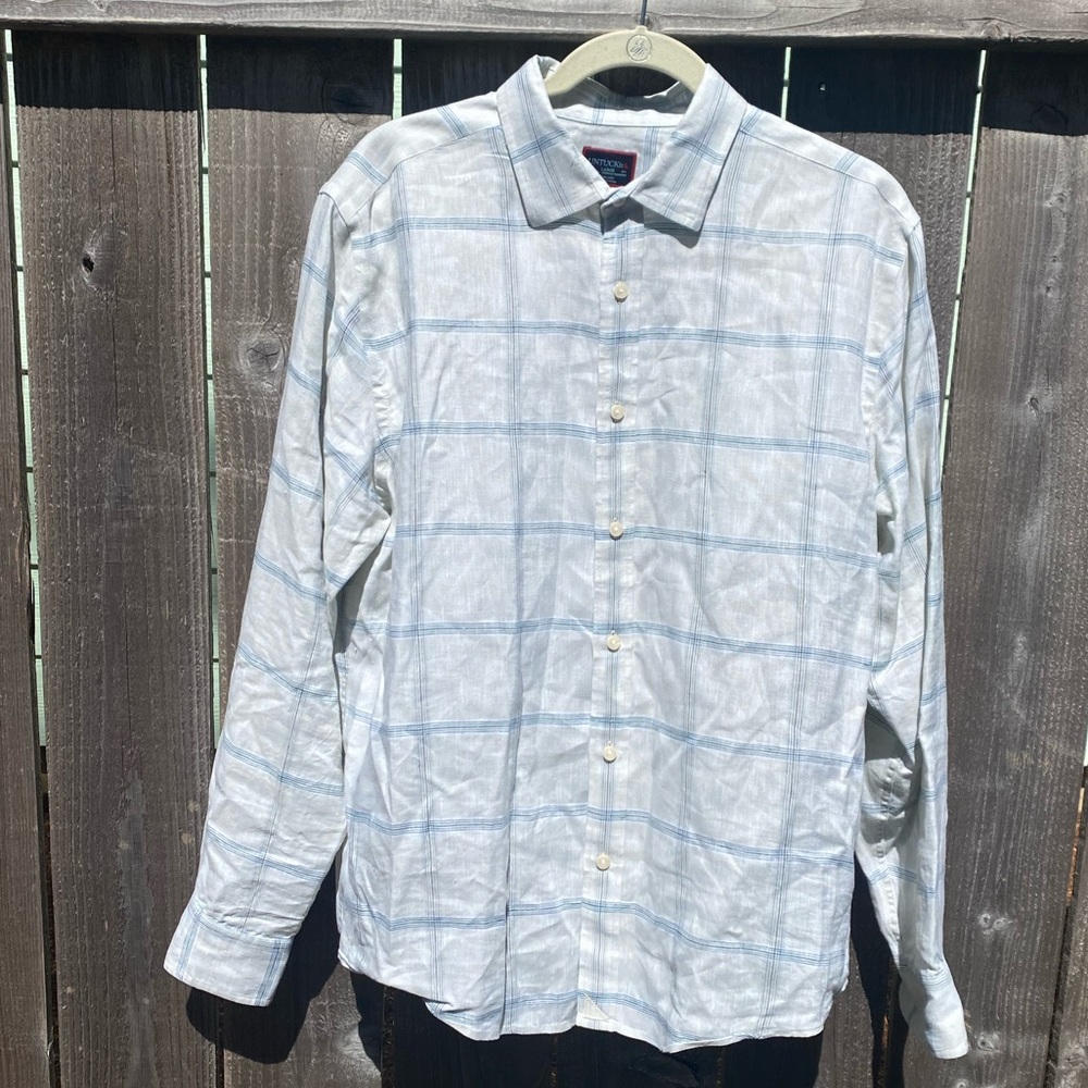 Untuckit mens L linen slim fit window pane wrinkle resistant L/S shirt